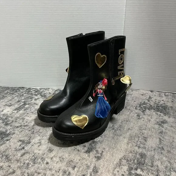 Love Moschino Women’s Black Combat Boots Heart Graphic Side Zip Lug Sole Size 40 - Picture 1 of 7